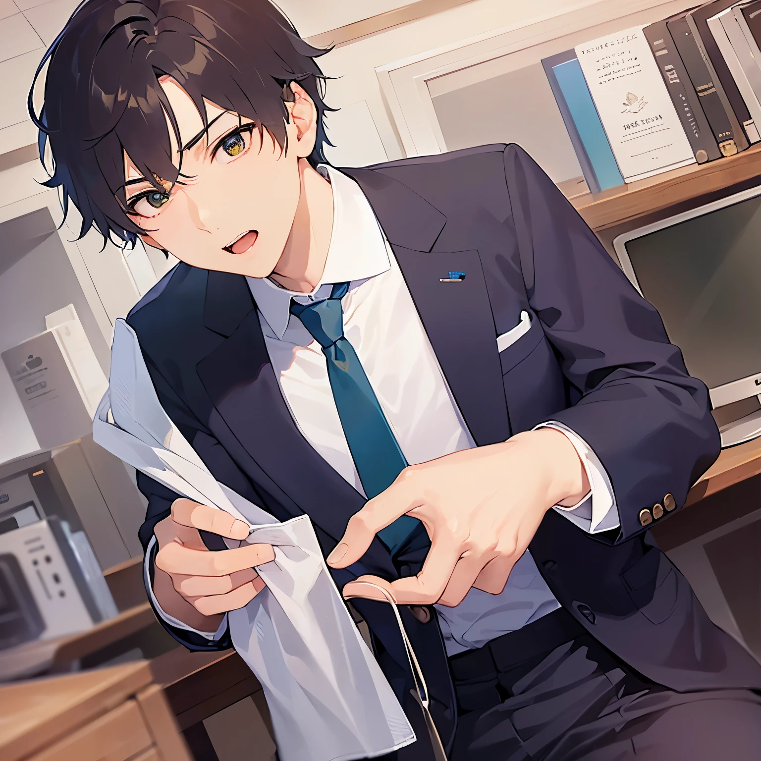 upper body、masterpiece、Highest quality、(25-year-old male:1.5) and (Brown short hair) and (Green Eyes), (Wearing a suit:1.3) and (Blue tie)、Serious expression、open mouth, The background is the office、(Alone:1.5)、Upper body is shown、computer、Sitting at a desk