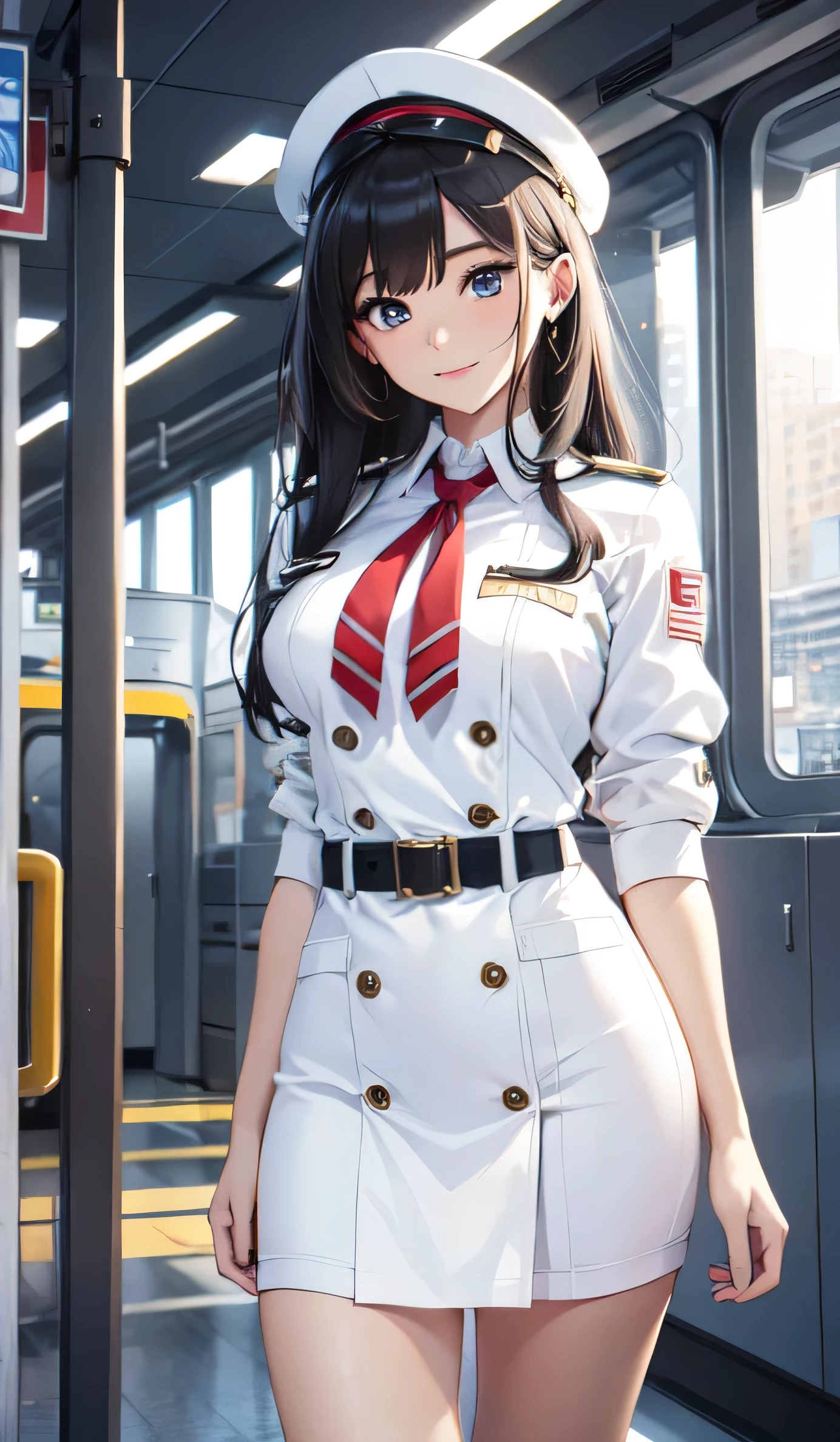 beautiful detailed girl, clear and beautiful, Make your character the main point of view, stewardess outfit, Hands on waist,