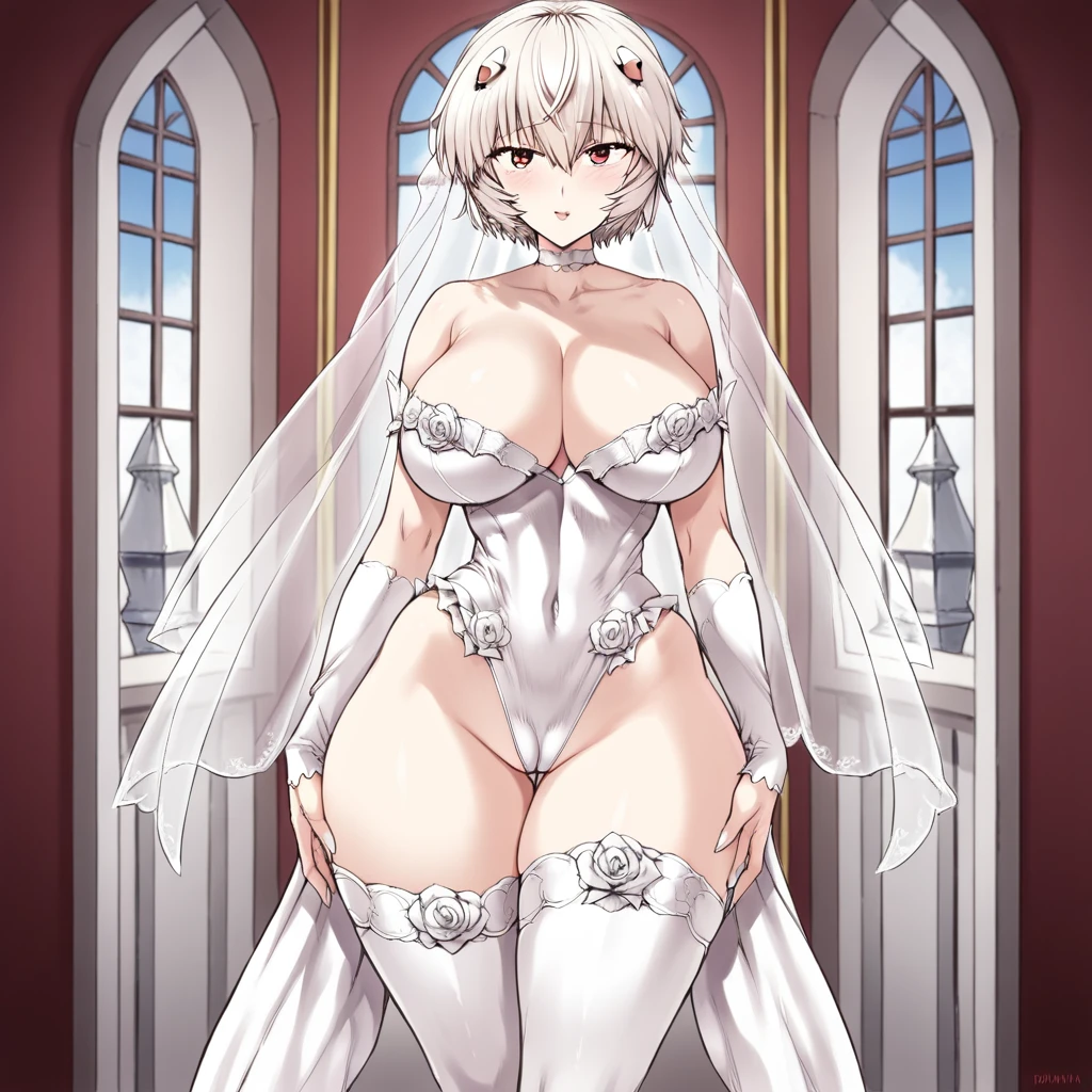 ayanami_rei_mogudan, huge breasts, standing, solo,  Mogudan_Microdress_Wedding_Dress, masterpiece, best quality, detailed face, detailed eyes, highres,