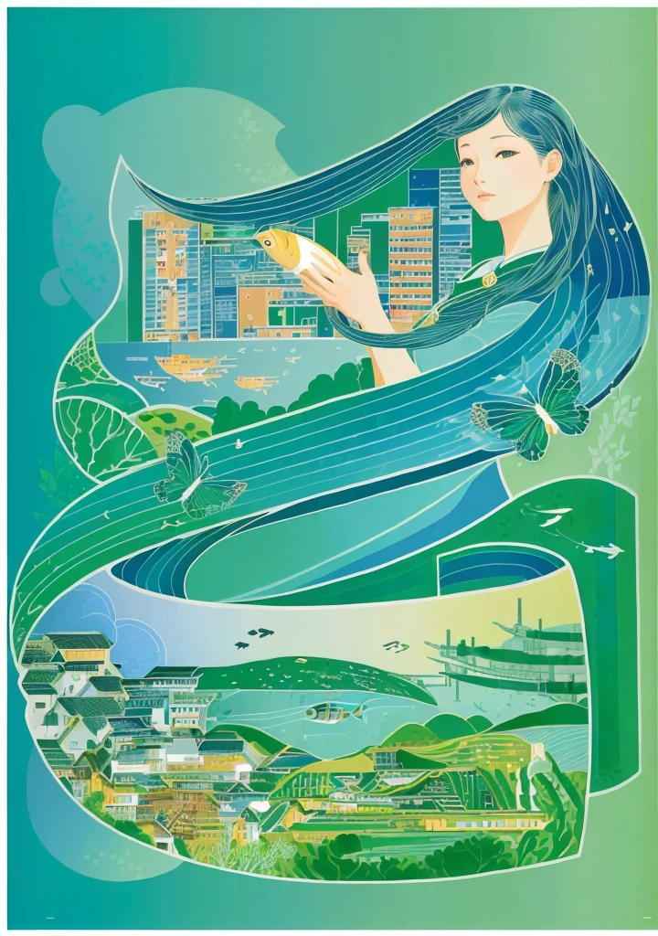 Illustration of a lady holding a book and a fish, Poster illustration, A beautiful artistic illustration, author:Nobutada Yanagawa, In the Eco-City, Inspired by Victor I, enviromental portrait, Works by Vincent Callebaut, Full color illustrations, Illustration poster, Yoshihiko Wada, author:Rokkaku Ayako, Full-color digital illustrations
