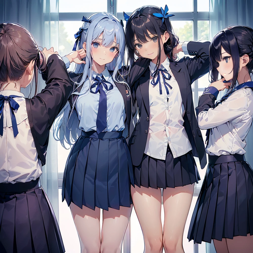 nsfw,side view 5girls,masterpiece, Highest quality, Five girls in a changing room,(looking away:1.2), profile,change clothes, in class room,((undressing)),((half undress)),(((school uniform))),((Dark blue blazer and white shirt)) ,((Dark blue pleated skirt)),(((Blue Ribbon))) , ((( みんな同じデザインのを着ている))), (((They&#39;re all wearing the same dark blue skirt.))),((みんな同じBlue Ribbonを身に着けている)),,((topless,
(undressing clothes:1.3), (standing;1.2), thighs,((changing room)),(((loose))),window, ((curtains)),(((They are not looking directly at the viewer))), (((as rather focused on each other,gesturing animatedly as they talk))),(((eye contact))),(((Exchanging glances))),(((exchanging words))),(((calling out))),(((smilling while talking))),adjusting hair,hand on own face,(((arms behind head))),(pigeon toed),(open stance)