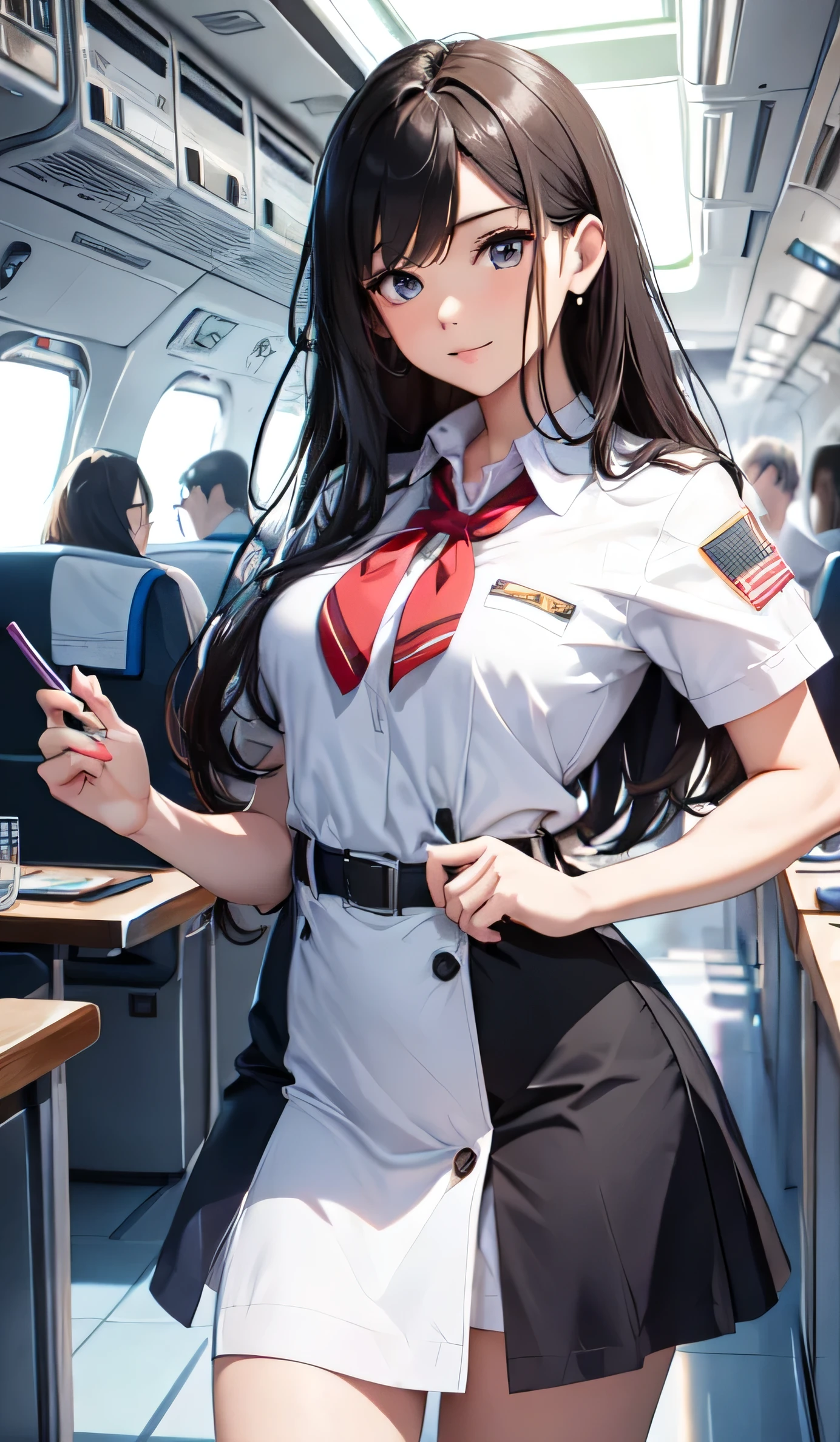 beautiful detailed girl, clear and beautiful, Make your character the main point of view, stewardess outfit, Hands on waist,