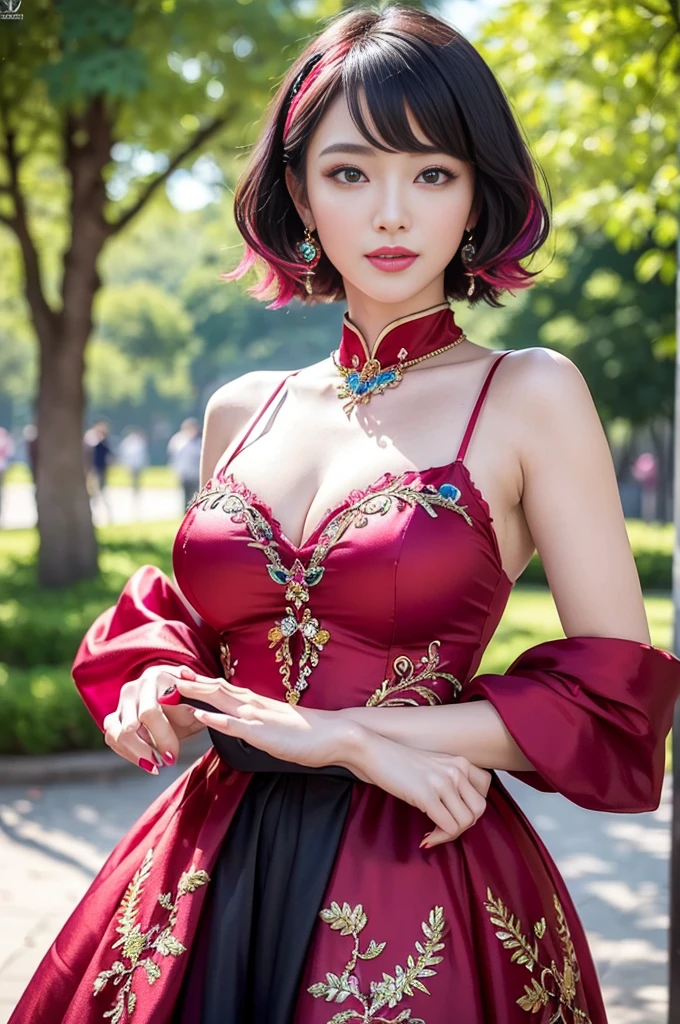 (masterpiece:1.4), (best quality:1.4), ultra high res, ultra high resolution, ((detailed facial features)), HDR, (realistic, photorealistic, photo-realistic:1.37), full body Esbian, sexy Vietnamese model, (-anime), vivid colors, ((vivid colors multicolor (red, fuchsia) very short hair)), (happy smile), lip-gloss, long lashes, ultra detailed metallic makeup, defined eyebrows, wearing large sparkling colorful jewelery, wearing a red silk Paradise Kiss cosplay dress with black floral embroidery, ((vivid colors outfit)), vivid colors, look at the camera, cinematic light, large park background with trees, sweet and sexy pose