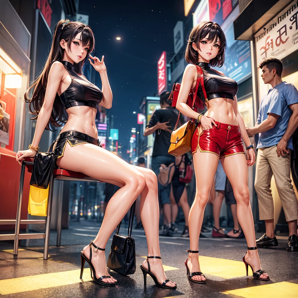 Beautiful, sexy Thai woman Wear a fashionable crop top, shorts, a bag, and high heels. Behind the scenes of the city at night