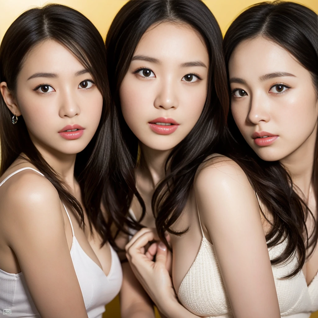 ((Highest quality, 8k, Tabletop:1.3, 2 girls, beautiful girl)), cute, dynamism, Detailed face, Detailed skin, Detailed eyes, Detailed lips, Detailed fingers, Mouth details, Detailed teeth, Detailed tongue, Round eyes, Tear bags, Realistic, RAW Photos, Natural light, Perfect Anatomy, High resolution, nakedの体が白い液体に覆われている, (Partially transparent), Gold color background, chest, twin color hair, Sitting, naked