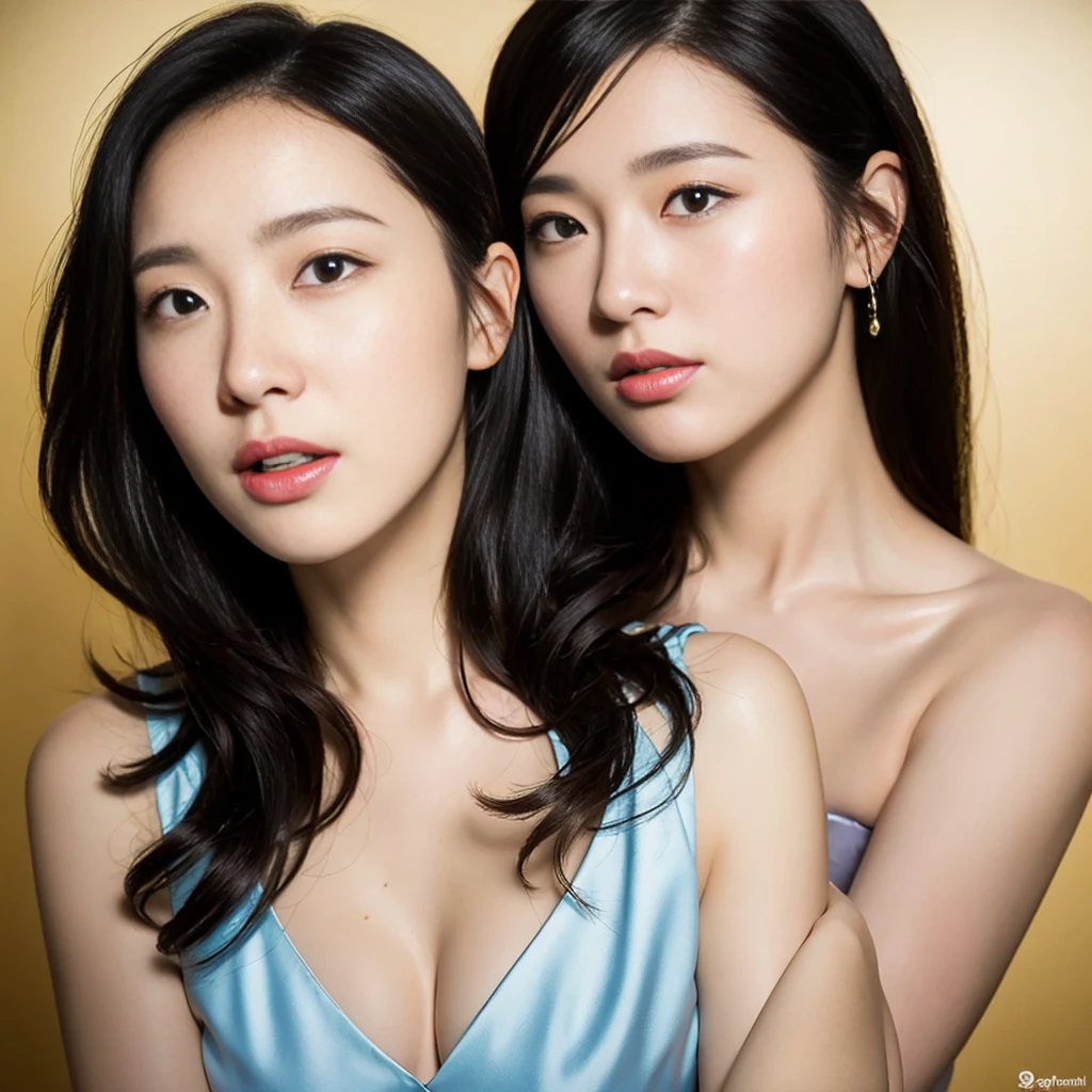 ((Highest quality, 8k, Tabletop:1.3, 2 girls, beautiful girl)), cute, dynamism, Detailed face, Detailed skin, Detailed eyes, Detailed lips, Detailed fingers, Mouth details, Detailed teeth, Detailed tongue, Round eyes, Tear bags, Realistic, RAW Photos, Natural light, Perfect Anatomy, High resolution, nakedの体が白い液体に覆われている, (Partially transparent), Gold color background, chest, twin color hair, Sitting, naked