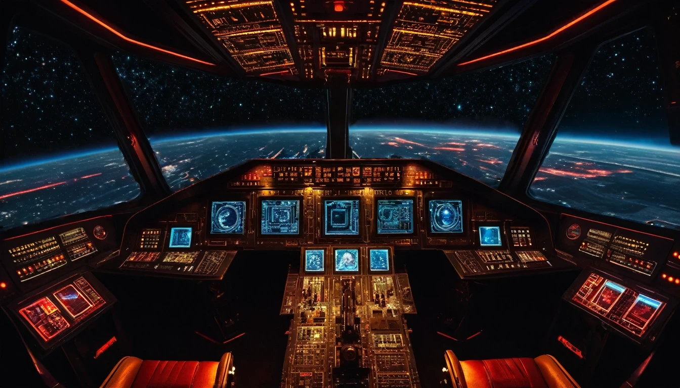 (masterpiece),(highest quality), highres, (extremely detailed), (best lighting) View from drivers seat, Spaceship cockpit, spaceship controls, Soviet Gold Red Star logo, black outer space background though the window, black starry background, neon lights, sovietpunkai, Soviet Emblem logo, Soviet aesthetic, Symmetrical environment, spaceship bridge, realistic, crisp image quality