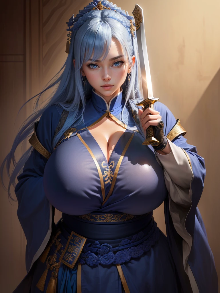 a man in a blue robe holding a knife and a sword, inspired by Cao Zhibai, inspired by Dong Yuan, inspired by Huang Ding, inspired by Hu Zaobin, inspired by Wu Bin, inspired by Xuande Emperor, liang xing, pan ren wei, inspired by Li Kan, inspired by Guan Daosheng, inspired by Wu Zuoren,  Highly detailed CG unit 8k wallpaper, masterpiece, High resolution, highest quality, highest quality real texture skin, Super Real, Digital Painting, Best image quality, 最High resolution, 8k, (((Highly detailed eyes and face, Beautiful eyes every detail))), (((Saggy breasts, Gravity-dependent breasts, long chest, Heavy chest, ))), ((disproportionate breasts, huge breasts, sagging breasts, gigantic breasts)), 
