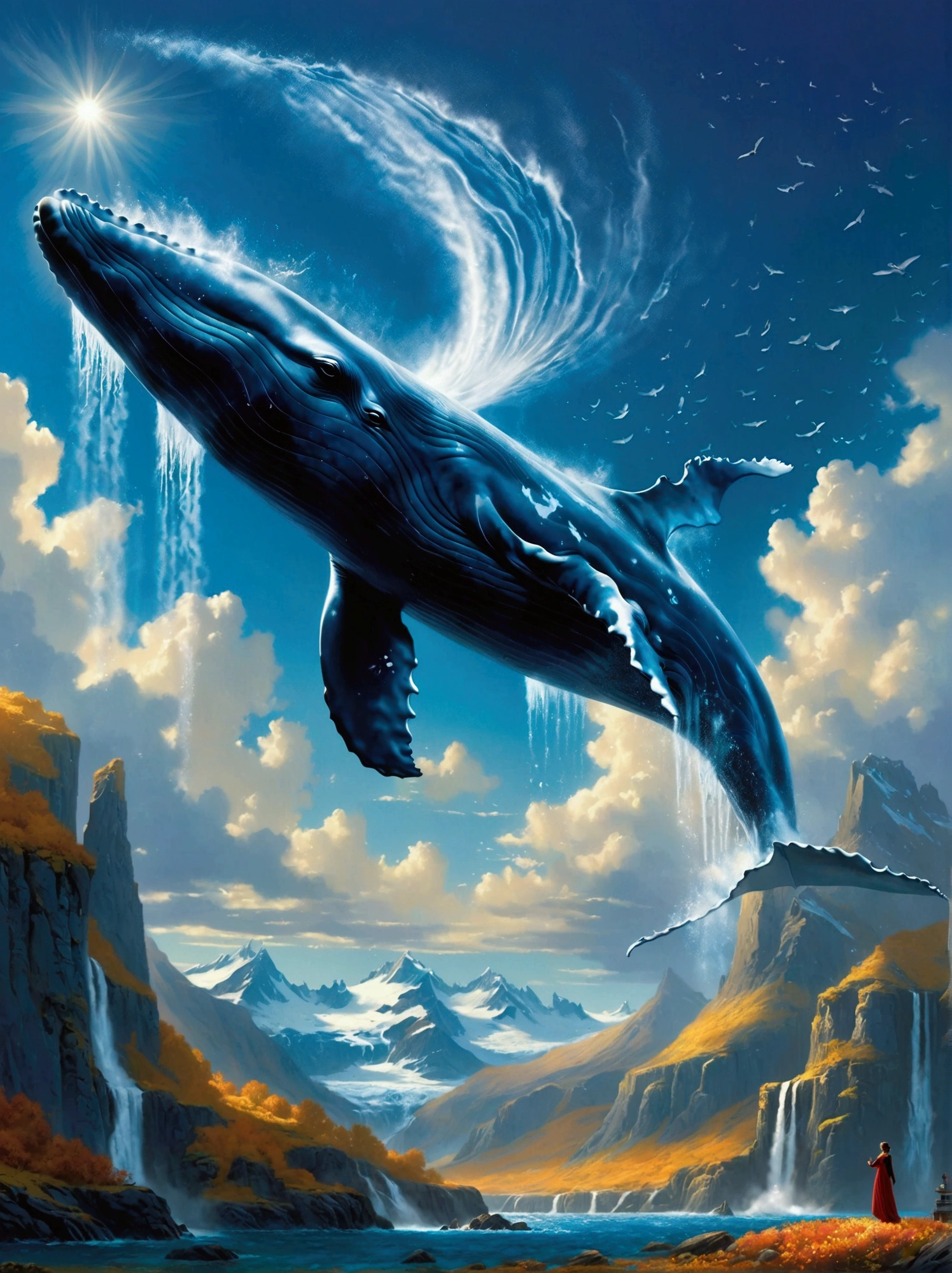 Imagine a grand, majestic whale, equipped with wings of impressive span. This curious creature is soaring through the sky, effortlessly gliding on the currents of air. In the backdrop, one can spot a colossal towering structure known as the 'Valcon', standing tall and formidable. The whale sailing in the azure sky in stark contrast to the mighty Valcon structure creates a truly surreal and fantastical scene