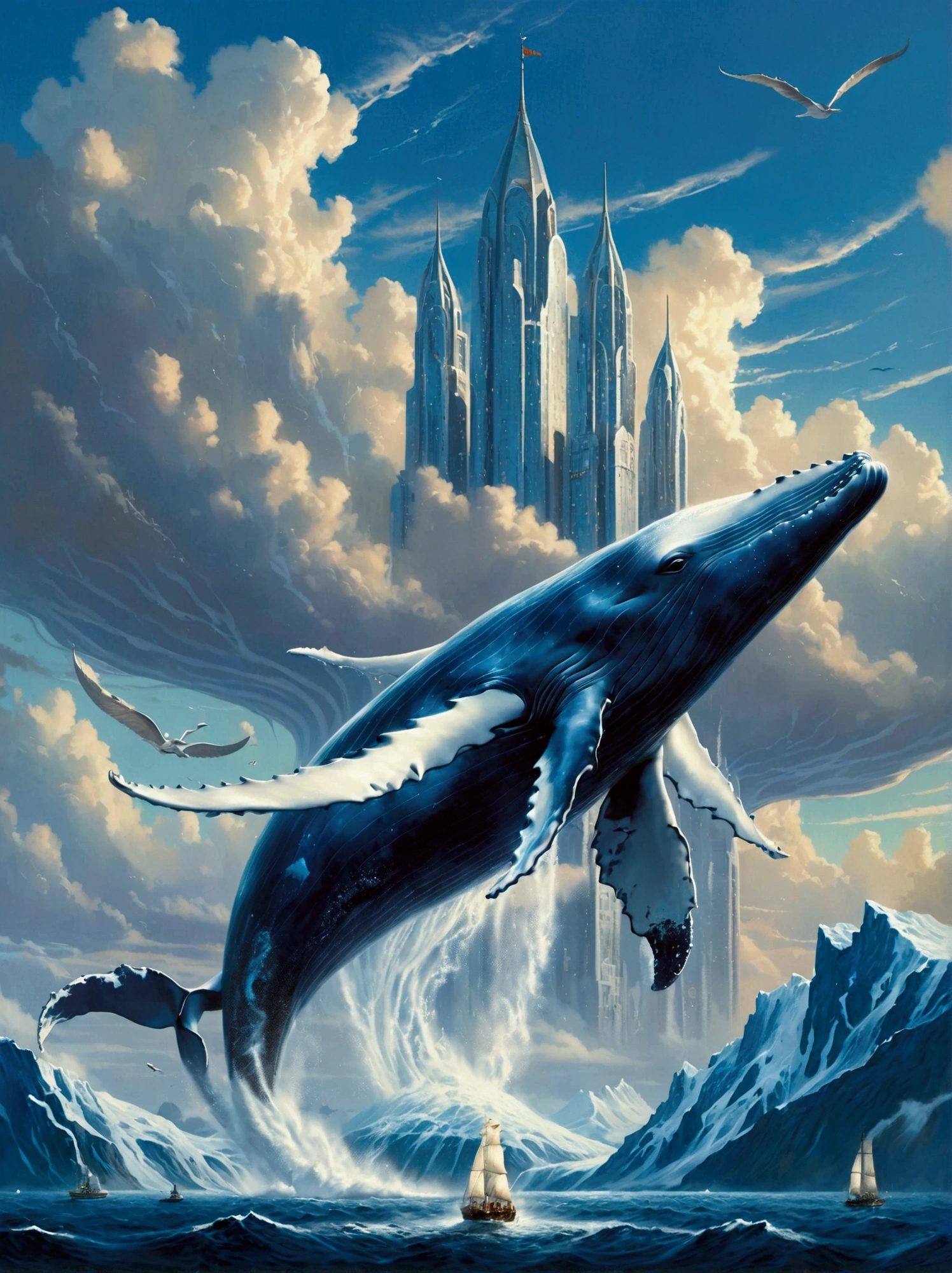 Imagine a grand, majestic whale, equipped with wings of impressive span. This curious creature is soaring through the sky, effortlessly gliding on the currents of air. In the backdrop, one can spot a colossal towering structure known as the 'Valcon', standing tall and formidable. The whale sailing in the azure sky in stark contrast to the mighty Valcon structure creates a truly surreal and fantastical scene