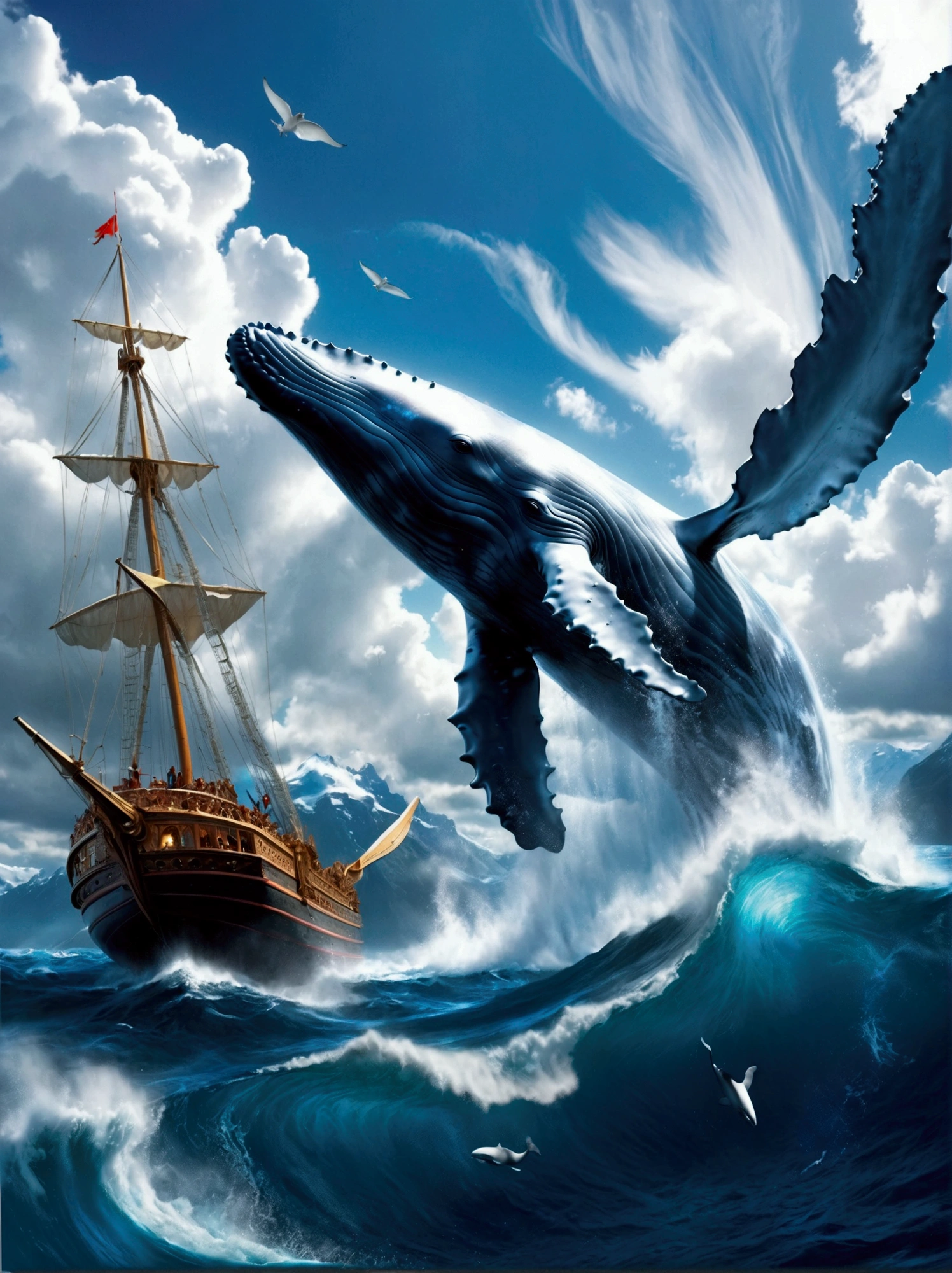 Imagine a grand, majestic whale, equipped with wings of impressive span. This curious creature is soaring through the sky, effortlessly gliding on the currents of air. In the backdrop, one can spot a colossal towering structure known as the 'Valcon', standing tall and formidable. The whale sailing in the azure sky in stark contrast to the mighty Valcon structure creates a truly surreal and fantastical scene