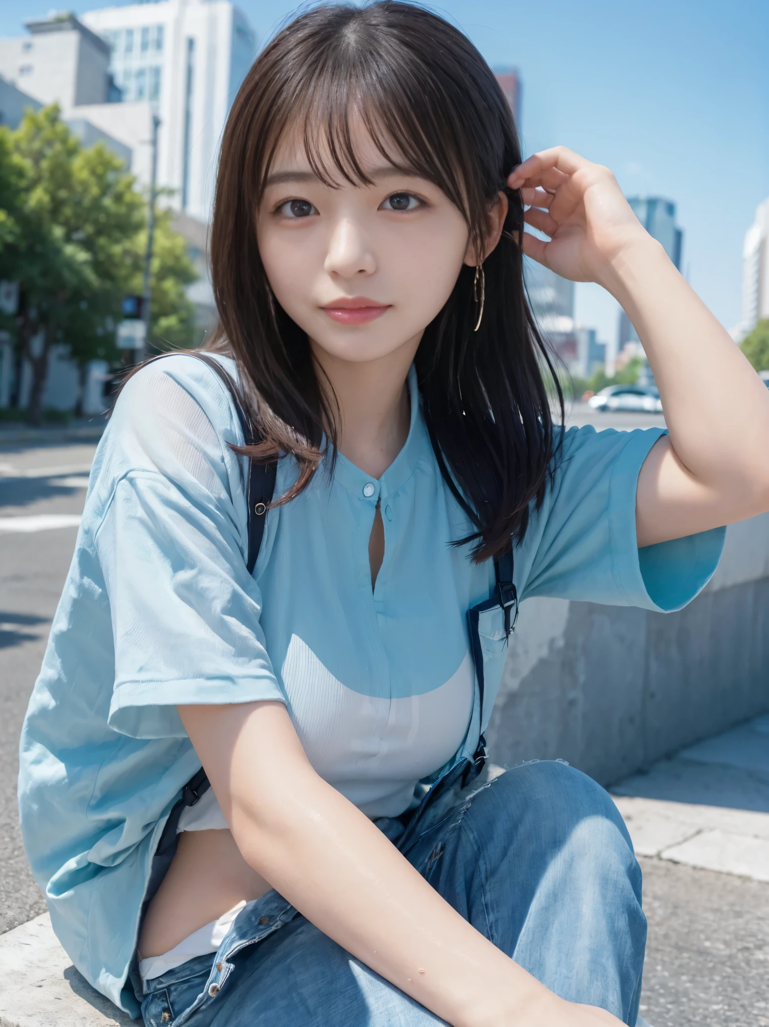 (masterpiece:1.4),(Highest quality:1.4),超High resolution,((Detailed facial features)),High resolution,8k resolution,One girl,blue sky,Mouth is distorted / :3,(Shiny),Sadako,street,shirt,Earrings,Short jeans,Large Breasts, Wet Skin,Shiny skin,, ,Wear socks over your knees,View your viewers,Fits perfectly to the skin,Focus Only,Mischievous face,