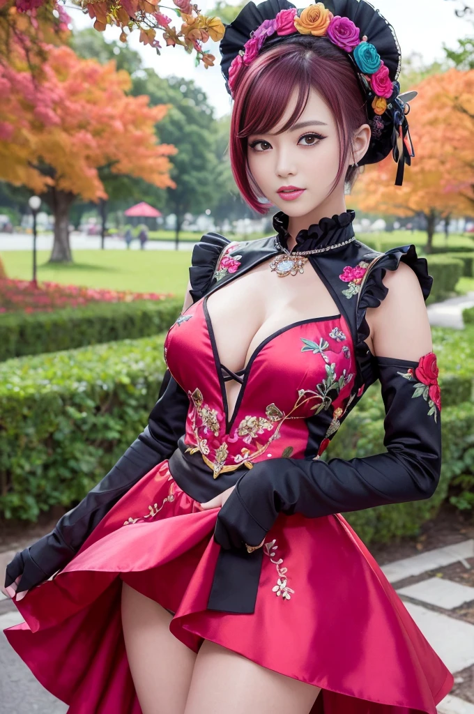 (masterpiece:1.4), (best quality:1.4), ultra high res, ultra high resolution, ((detailed facial features)), HDR, (realistic, photorealistic, photo-realistic:1.37), full body Esbian, sexy Vietnamese model, (-anime), vivid colors, ((vivid colors multicolor (red, fuchsia) very short hair)), (happy smile), lip-gloss, long lashes, ultra detailed metallic makeup, defined eyebrows, wearing large sparkling colorful jewelery, wearing a red silk Paradise Kiss cosplay dress with black floral embroidery, ((vivid colors outfit)), vivid colors, look at the camera, cinematic light, large park background with trees, sweet and sexy pose