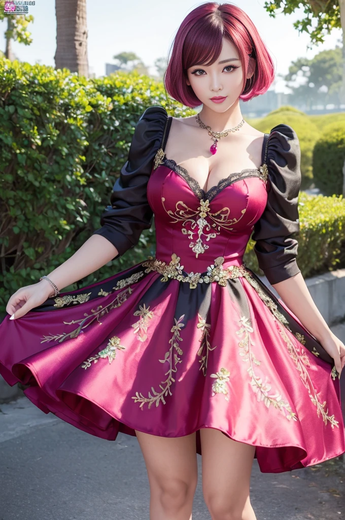 (masterpiece:1.4), (best quality:1.4), ultra high res, ultra high resolution, ((detailed facial features)), HDR, (realistic, photorealistic, photo-realistic:1.37), full body Esbian, sexy Vietnamese model, (-anime), vivid colors, ((vivid colors multicolor (red, fuchsia) very short hair)), (happy smile), lip-gloss, long lashes, ultra detailed metallic makeup, defined eyebrows, wearing large sparkling colorful jewelery, wearing a red silk Paradise Kiss cosplay dress with black floral embroidery, ((vivid colors outfit)), vivid colors, look at the camera, cinematic light, large park background with trees, sweet and sexy pose