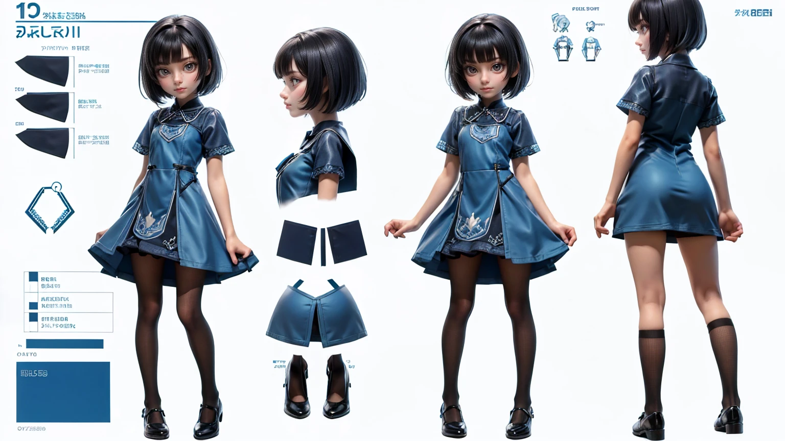 cute girl in a short gaming dress , short hairs, , blue dress, smiling face, short dress full straight standing pose, 14yo student, Character Sheet, Full body, modern girl, games girl, Simple white background, character reference sheet, Concept art, design sheet, HD, full body, standing 