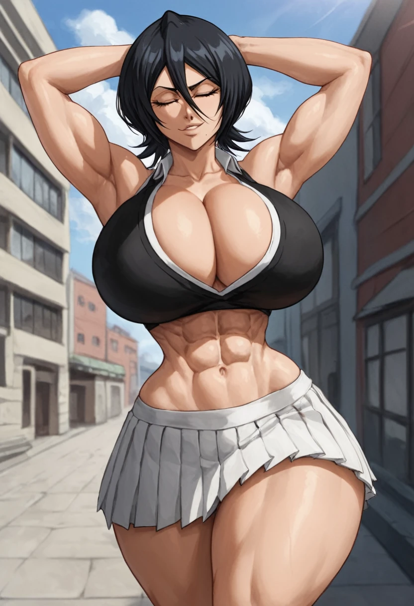 black haired anime girl standing in front of a building with white shirt on, 1girl, breasts, solo, black hair, cleavage, closed eyes, huge breasts, kuchiki rukia, short hair, smug, hands behind head, score 9, score 8 up, score 7 up, narrow waist, wide hips, huge ass, thick thighs, pleated skirt, bleach, abs