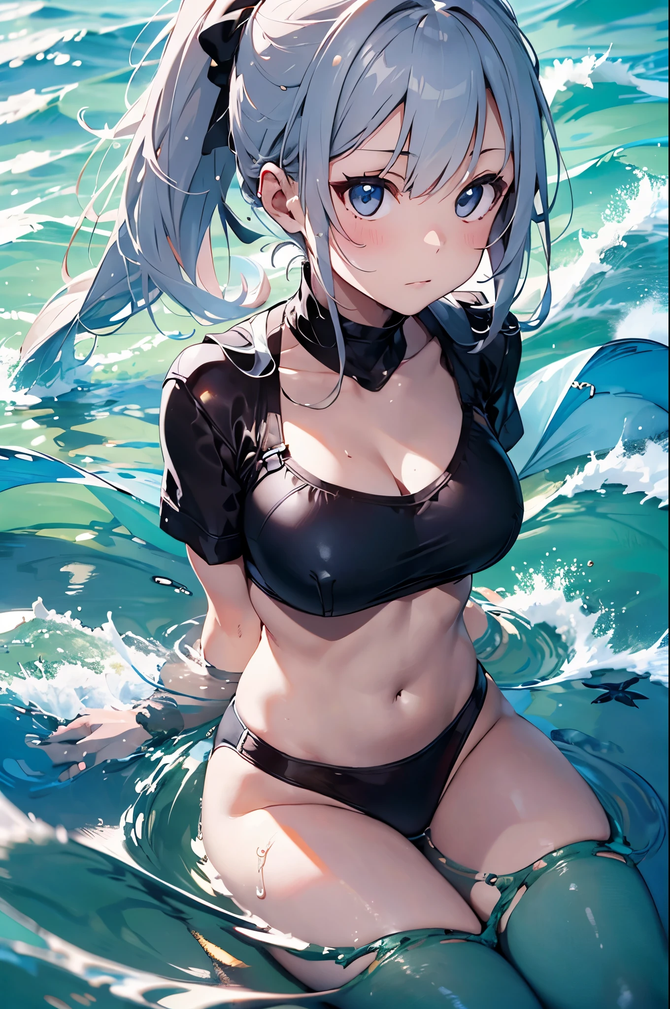 High resolution,
One beautiful young woman,Silver Hair、ponytail、
(Soft Saturation:1.3), (Fair skin:1.2),
(ultra-Detailed Background, Detailed Background), Bokeh,
break'Portrait of a smiling girl.,
When viewed from the front, The composition is symmetrical,
Looking straight at you with serious eyes,
break Swimwea、, Center of chest, Full body outdoors, Sea surface, null, sunlight,Summer beach, Sandy Beach,
Strong light, Front lighting,
(:1.3), (Cowboy Shot:1.2),
Front brake angle,
View your viewers,
Dynamic pose,
sitting on the beach
Seaweed、Seaweed、Seaweed、Seaweed、Seaweed、Seaweed、Seaweed、