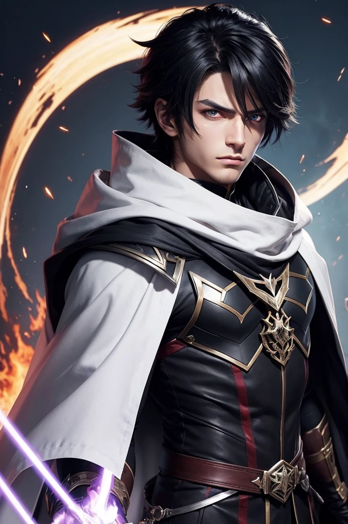 Create an anime-style character with these characteristics down to the smallest detail A handsome, fair-skinned young man with menacing and mysterious eyes with sapphire red irises with diagonal pupils, and a body with extremely defined muscles, and with black hair with straight and pointed strands with a single large horn on the forehead, wears a white cloak with a black raised collar and light armor and a fire energy sword in his right hand. And that exudes a Demonic energy