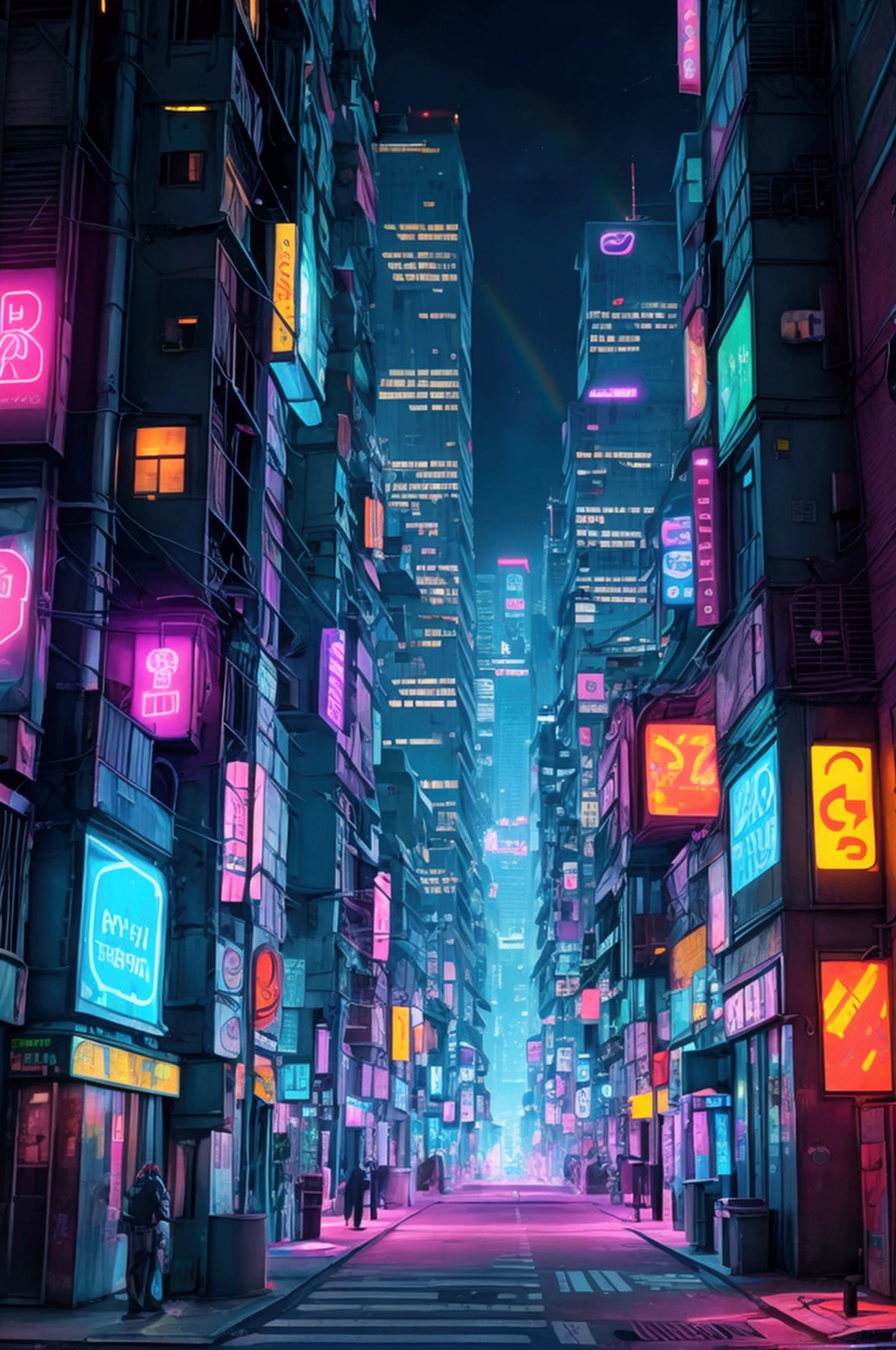 Complex, multi-layered urban environment at night. Cityscapes are highlighted with vibrant neon rainbow outlines, giving the scene a surreal, cyberpunk aesthetic. Sharp focus, highly detailed illustrations, masterpiece, high resolution