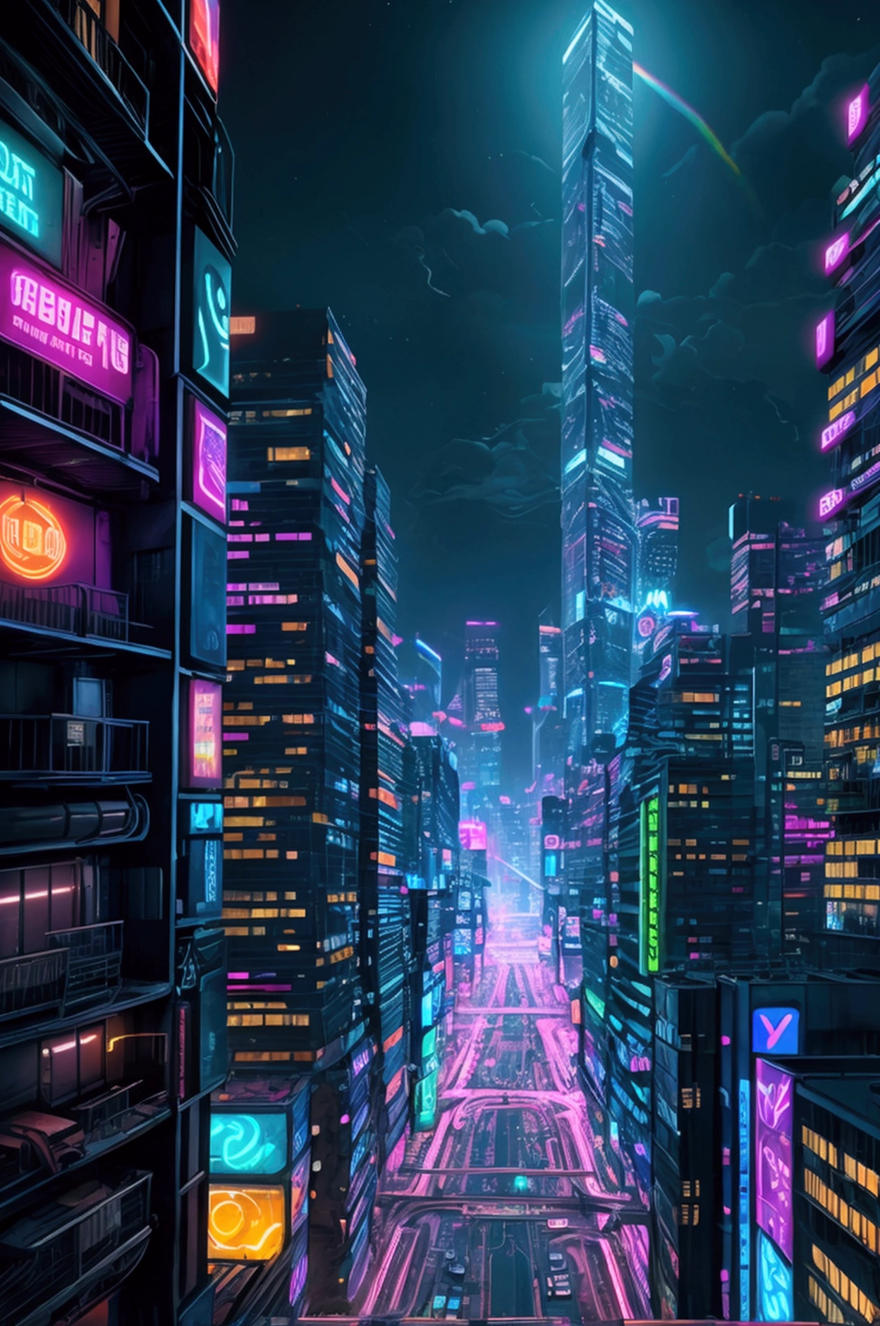 Complex, multi-layered urban environment at night. Cityscapes are highlighted with vibrant neon rainbow outlines, giving the scene a surreal, cyberpunk aesthetic. Sharp focus, highly detailed illustrations, masterpiece, high resolution