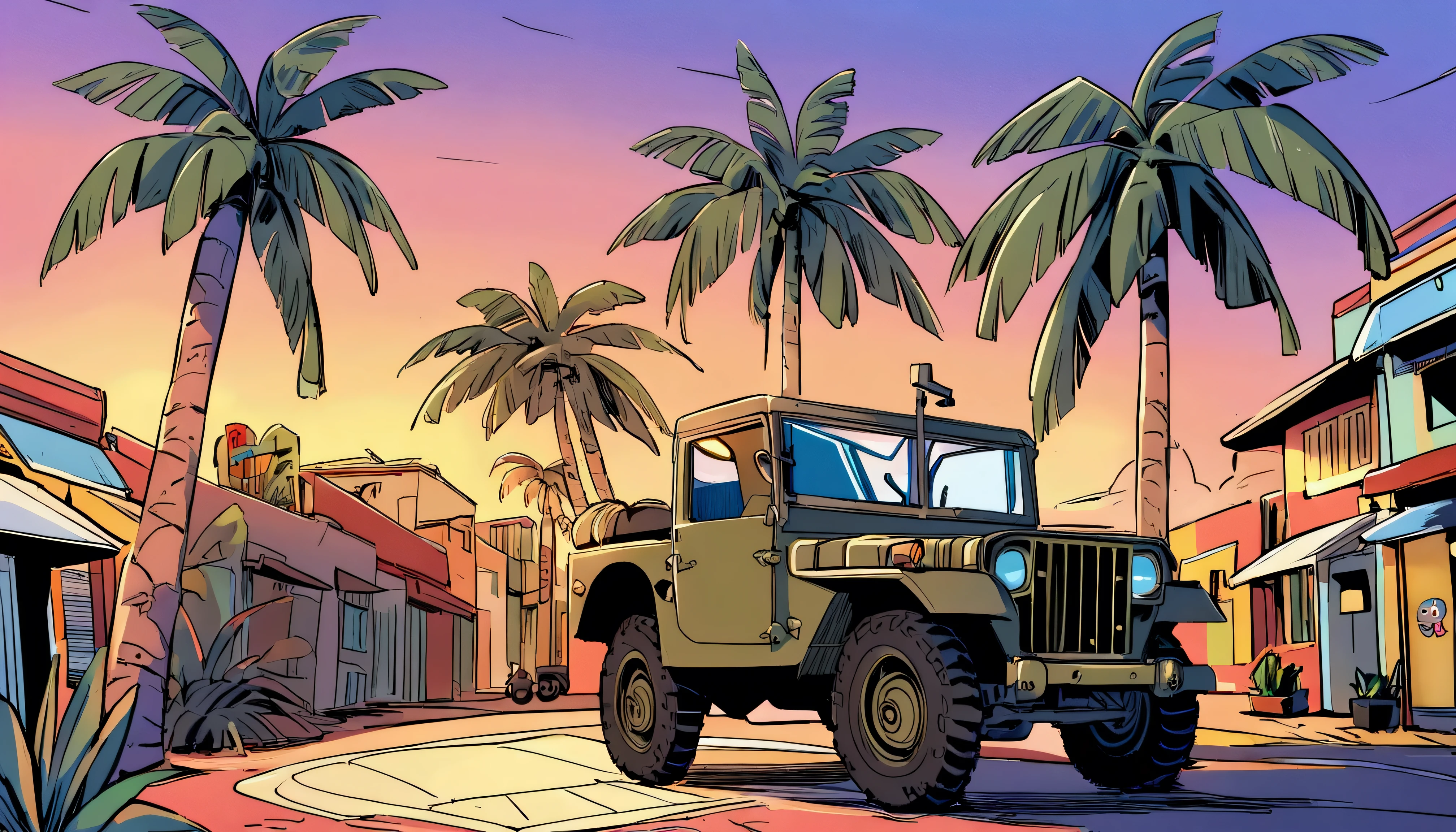 ((Sticker design)), Ford GPW, Sunset background, Palm tree, Layers with 5 colors, Corner Street, Belek&#39;s Drums, Plethean, 