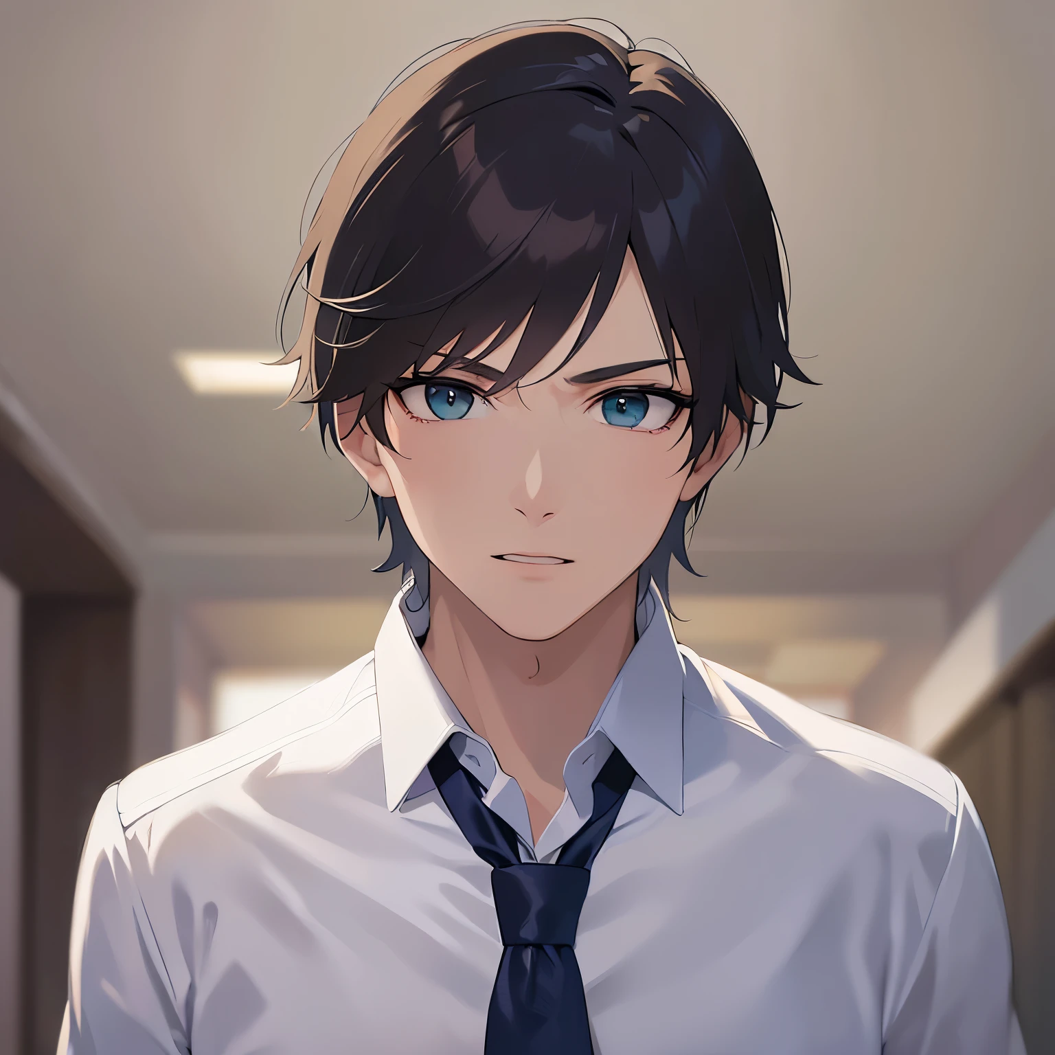 upper body、masterpiece、Highest quality、(25-year-old male:1.5) and (Brown short hair) and (Green Eyes), (Wearing a suit:1.3) and (Blue tie)、Serious expression、open mouth, The background is the office、(Alone:1.5)、Upper body is shown、Are standing