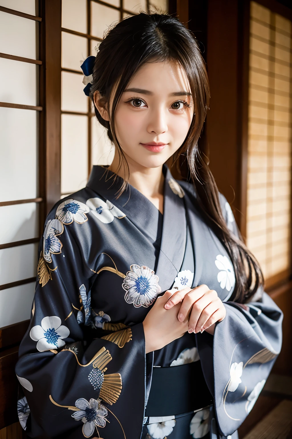 ((Highest quality)), ((masterpiece)), (detailed), One girl, sexy、Traditional Yukata、Japanese、Dark grey outfit、Gorgeous decorative obi、Black Hair