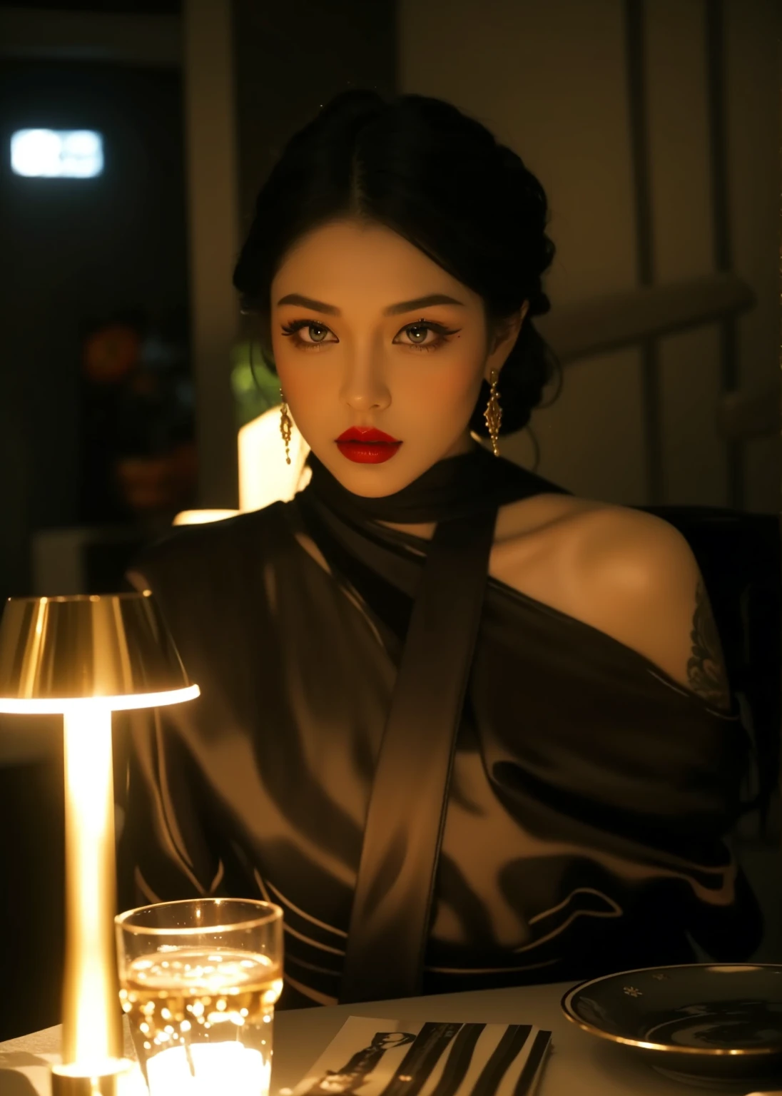 Royal princess,Extremely detailed, Delicate face, Stock Photography , Portrait 400, F1 Camera Lens.6, rich and colorful, Surrealism, Realistic textures, Dramatic Lighting, Thin Film Distiller 800 (8K, original photo, Better quality, masterpiece: 1.2), Extremely detailed, (Extremely delicate skin: 1.2), 8K ultra high definition, SLR camera, Soft Light, high quality.Fire Queen,Blue pupils,Wear red lipstick,Have a tattoo,The tattoo is very three-dimensional,Gorgeous and intricate tattoo designs,Dark eyeshadow,Sexy thick lips(Red lipstick),