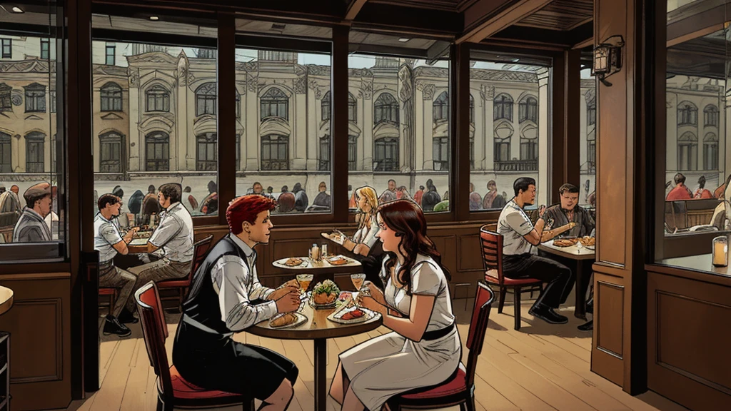 a restaurant, a restaurant в москве, public place, indoors, big windows, luxury, дорогой a restaurant, people have lunch, workers greet guests, Marvel Comics Style, comics