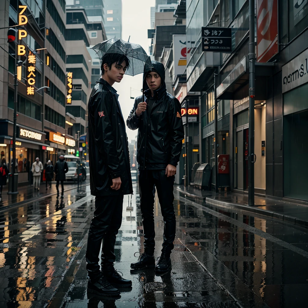 Anime boy standing in the rain in the city and the word Crypto