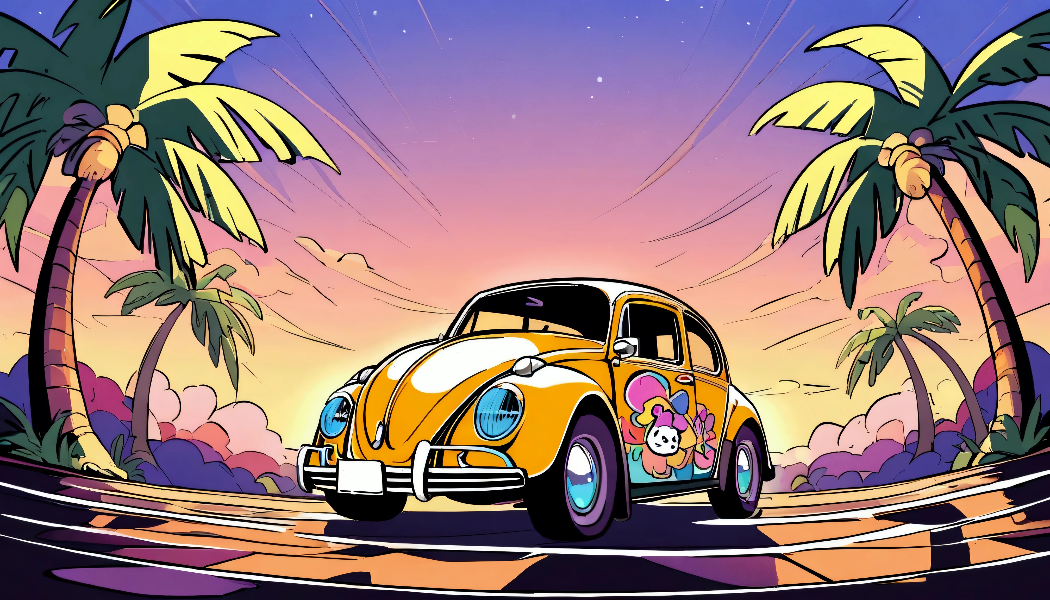 ((Sticker design)), Volkswagen Type 1 beetle, Sunset background, Palm tree, Layers with 5 colors, Corner Street, Belek's Drums, Plethean,