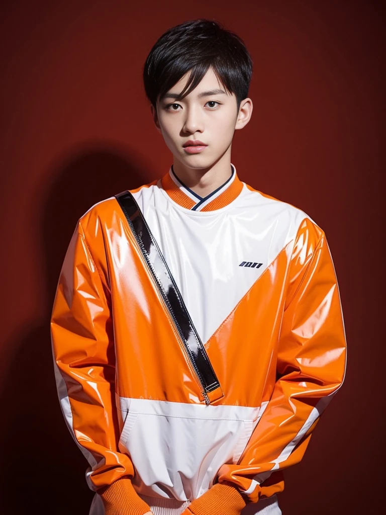Chinese male high school student，Wear an orange PVC sweater，solid color backdrop