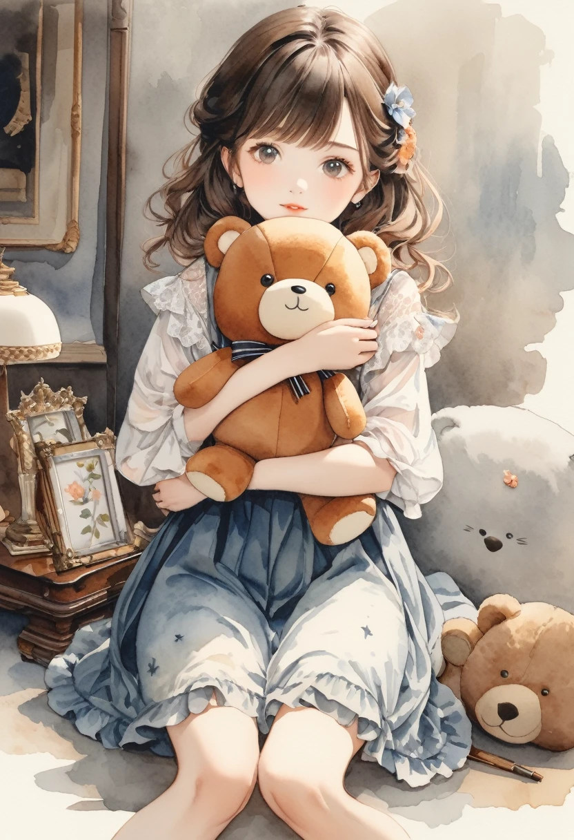 ((antique:1.5)),((hugging a stuffed teddy bear:1.5)),Beautiful and cute woman,1 Female,Solo,Sharp features,Sophisticated,((Watercolor:1.5)),whole body,超High resolution, Attention to detail, high quality, High resolution, 最high quality,(vintage:1.4),(Cute pose:1.3),Dull color,So adorable,model like,Fluffy atmosphere,