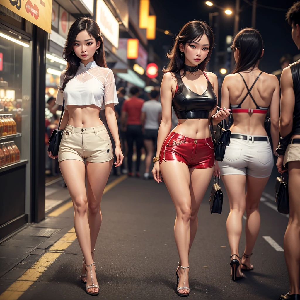 Beautiful, sexy Thai woman Wear a fashionable crop top, shorts, a bag, and high heels. Behind the scenes of the city at night