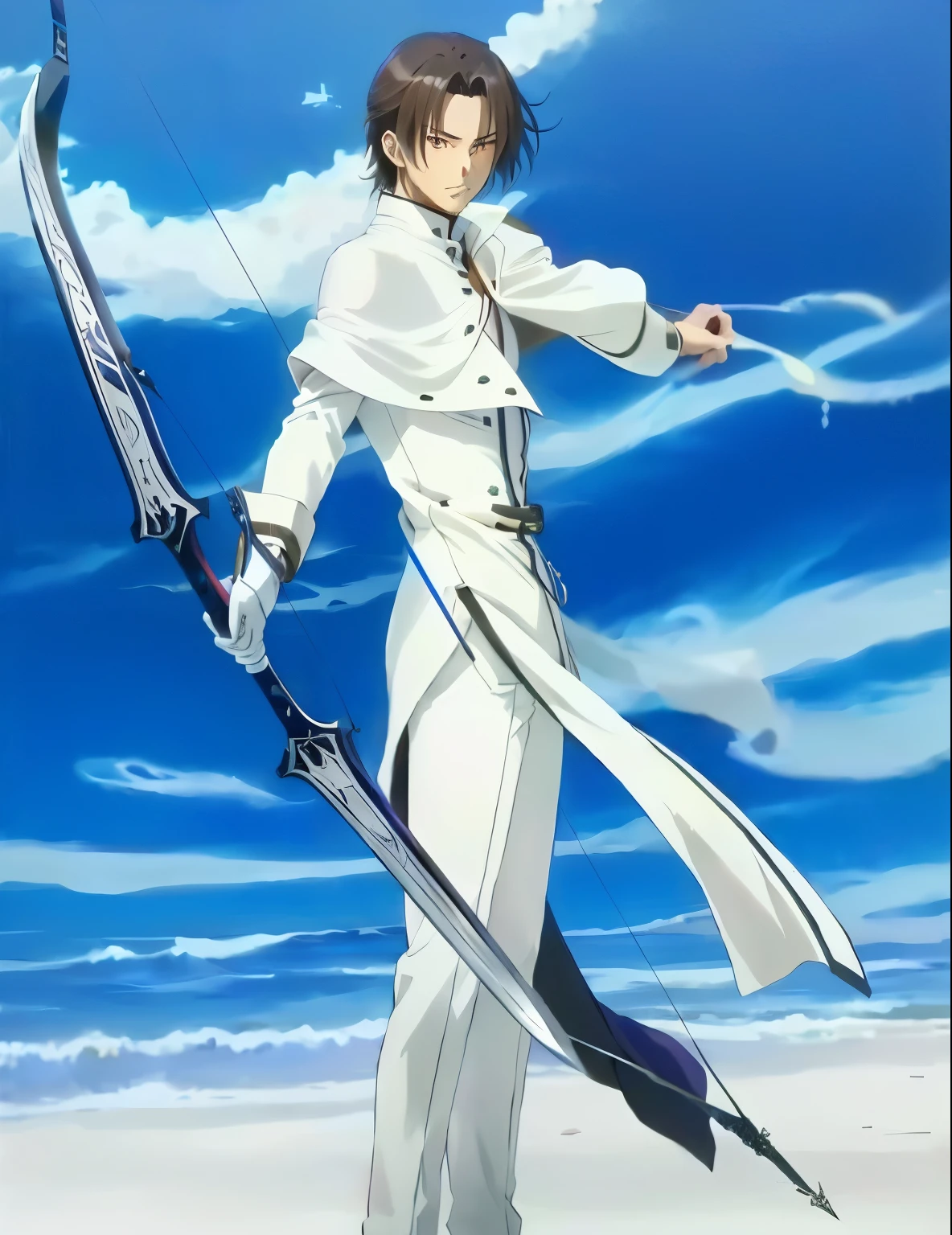 anime character with bow and arrow in hand standing on the beach, boromir in an 80\animes world, in a flowing white tailcoat, akiyuki shinbou, okata kazuto, Shinkai Makoto, white fox anime, hijikata toushirou of gintama, boromir in an anime world, dramatic sword-wielding pose