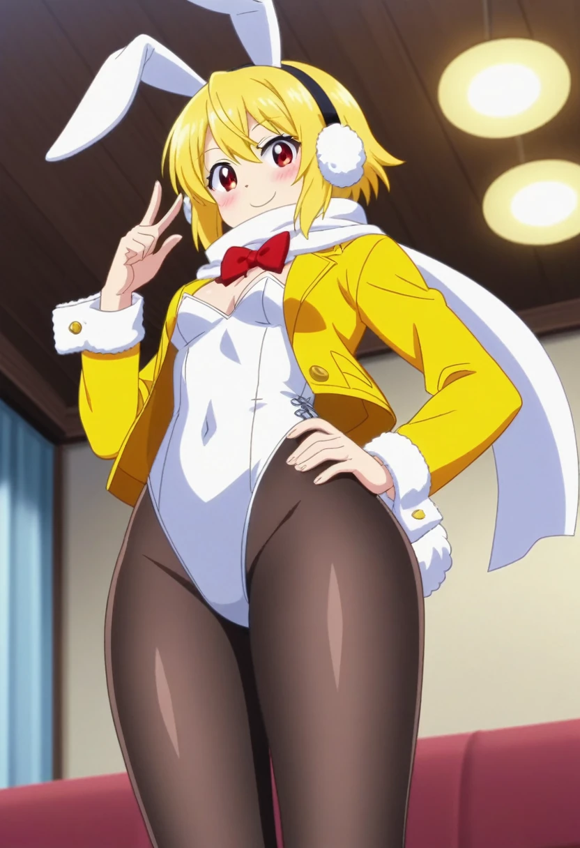 score_9, anime, screencap, 1girl, solo, cute, usalia, one hand on hip, red eyes, jitome, smile, blush, blonde hair, red bowtie, fake rabbit ears, black pantyhose, black hairband, rabbit tail, white leotard, white scarf, fur-trimmed jacket, yellow jacket, covered navel, fur-trimmed sleeves, white earmuffs, wide hips, looking at viewer, from below, extreme angle, official art