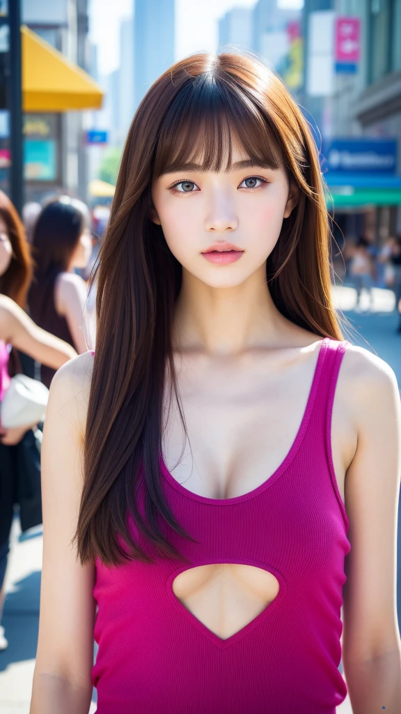 (best quality, 8k, 32k, masterpiece, UHD:1.2), ultra high resolution, (pretty a Korean early girl), 13 yrtrait, beautiful detailed eyes, semi long brown hair, bangs, dark make-up, (wearing magenta tank-top), large breasts, cleavage, (crowded city boulevard on a bright sunny day:1.3), (detailed background:1.5)