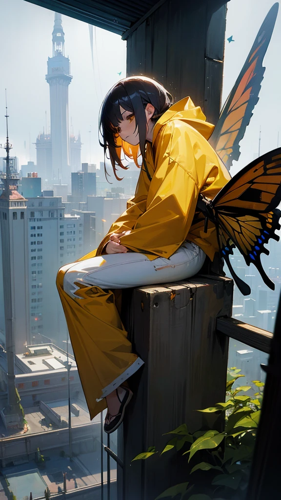 an anime female character wearing a HOODIE, torn jeans and a mask that covers her entire face, as well as a yellow robe, is sitting. on top of a city tower while holding a cigarette, with realistic rainwater effects, as well as the effect of butterflies flying in the air adding to the impression of a realistic feel, with photo results, HDR, 8k, anime.