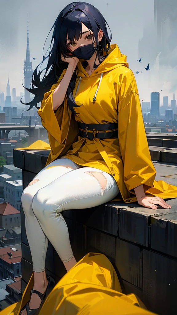 an anime female character wearing a HOODIE, torn jeans and a mask that covers her entire face, as well as a yellow robe, is sitting. on top of a city tower while holding a cigarette, with realistic rainwater effects, as well as the effect of butterflies flying in the air adding to the impression of a realistic feel, with photo results, HDR, 8k, anime.