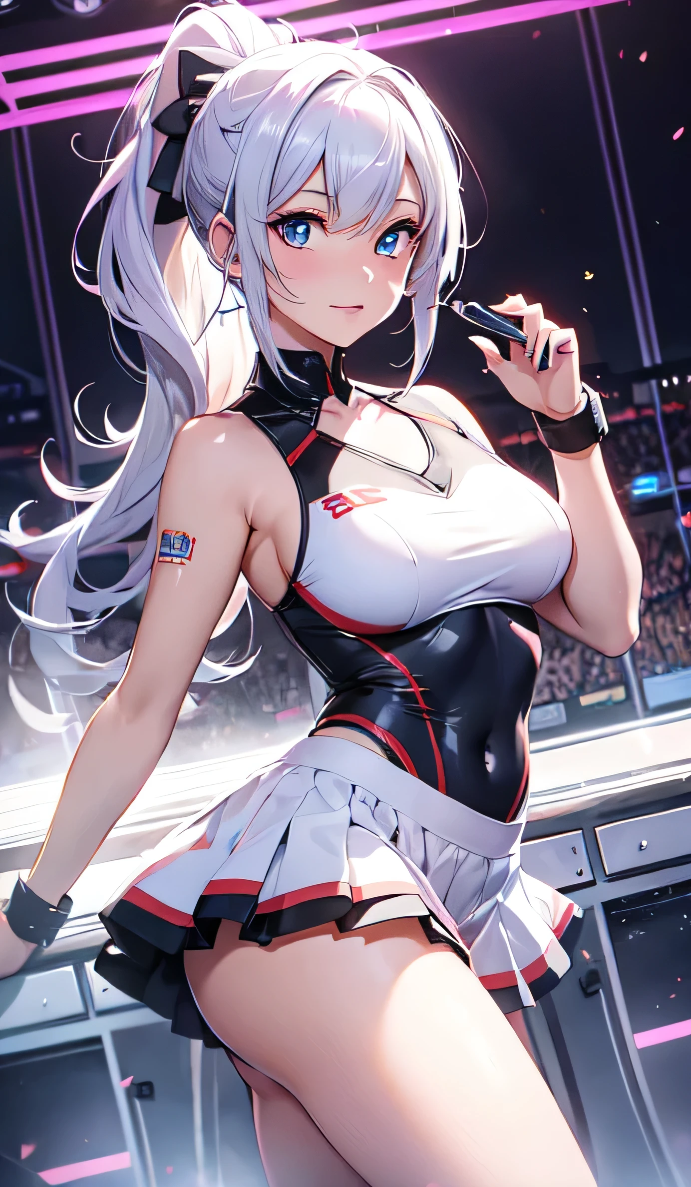 beautiful detailed girl, clear and beautiful, Make your character the main point of view, Cheerleader Outfit, Hands on waist, ponytail, ponytail hair