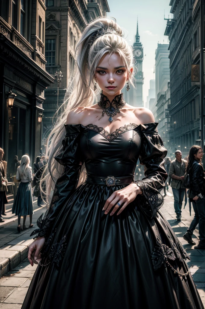 (masterpiece, best quality:1.2), cowboy shot, weissvale, smile, closed mouth, looking at viewer, long white hair, side ponytail, scar above eye, scar below eye, black wedding dress, jewelry, necklace, earrings, future_urban, outdoors, standing outside ornate palace, elegant crowd arriving for gala, futuristic cars, (volumetric lighting), intricate details, tonemapping, sharp focus, hyper detailed