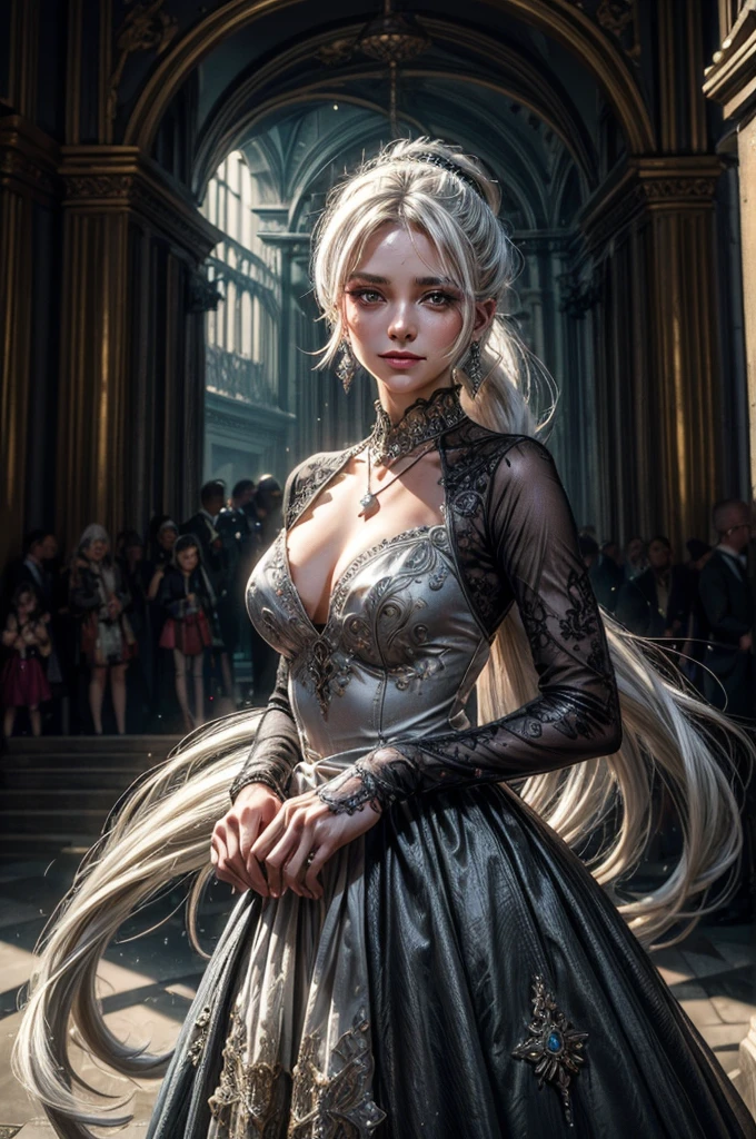 (masterpiece, best quality:1.2), cowboy shot, weissvale, smile, closed mouth, looking at viewer, long white hair, side ponytail, scar above eye, scar below eye, red gala dress, jewelry, necklace, earrings, future_urban, standing outside ornate palace, guests arriving for gala, futuristic cars, (volumetric lighting), intricate details, tonemapping, sharp focus, hyper detailed