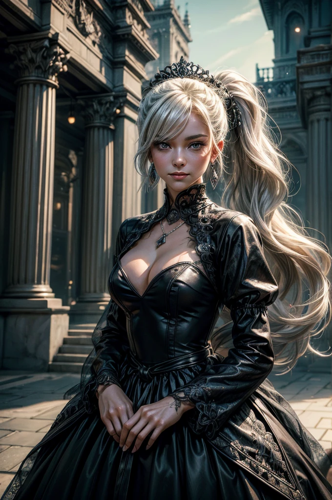 (masterpiece, best quality:1.2), cowboy shot, dynamic pose, weissvale, smile, closed mouth,  looking at viewer, long white hair, side ponytail, scar above eye, scar below eye, black dress,  jewelry, necklace, earrings, future_urban, indoors, standing inside ornate palace, elegant crowd, marble floor, chandeliers, arch, pillars, (volumetric lighting), intricate details, tonemapping, sharp focus, hyper detailed 