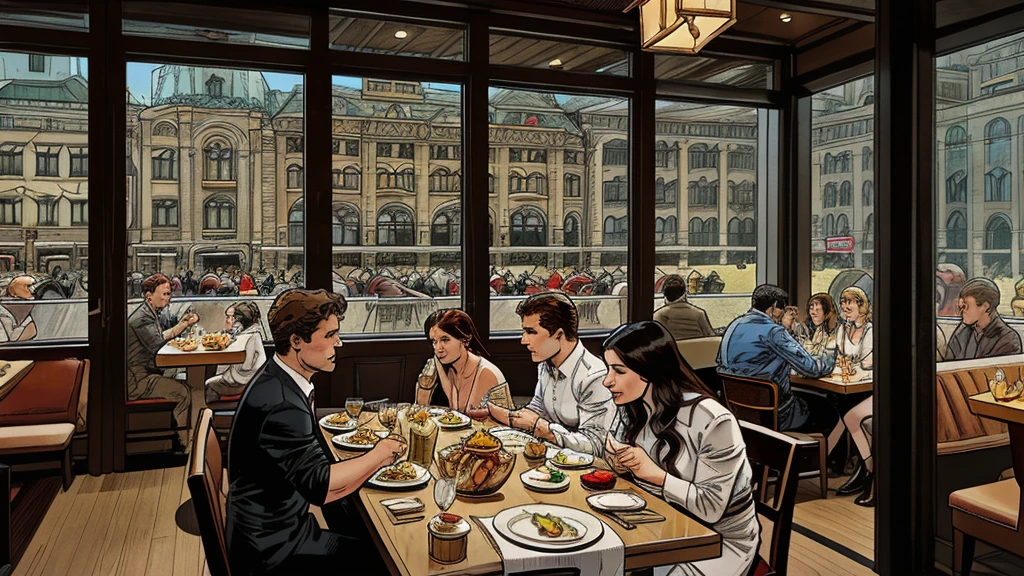 a restaurant, a restaurant в москве, public place, indoors, big windows, luxury, дорогой a restaurant, people have lunch, workers greet guests, Marvel Comics Style, comics