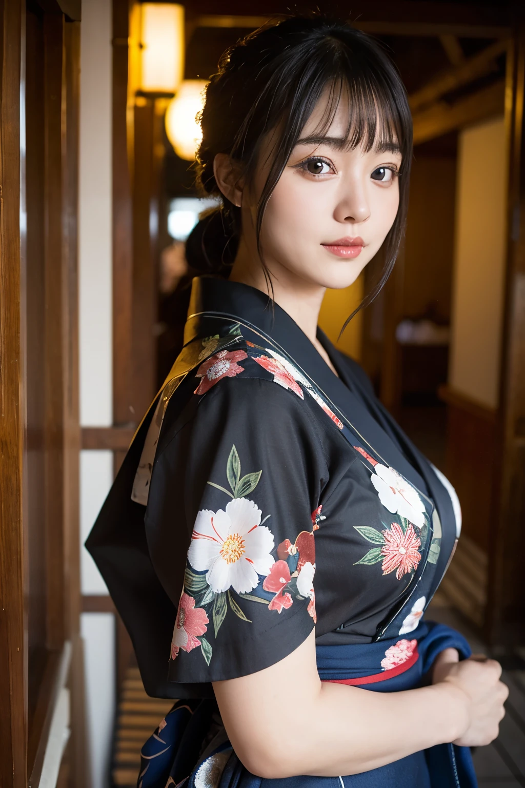((Highest quality)), ((masterpiece)), (detailed), One girl, sexy、Traditional Yukata、Japanese、Dark grey outfit、Gorgeous decorative obi、Black Hair