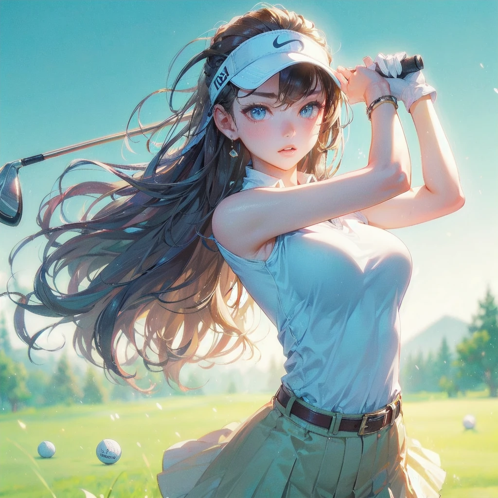 masterpiece, (textured skin), best quality, gorgeous beautiful girl, (a female golf athlete), detailed clothes,large breasts,narrow waist,, (beautiful face), cinematic lighting, (at golf venue ),