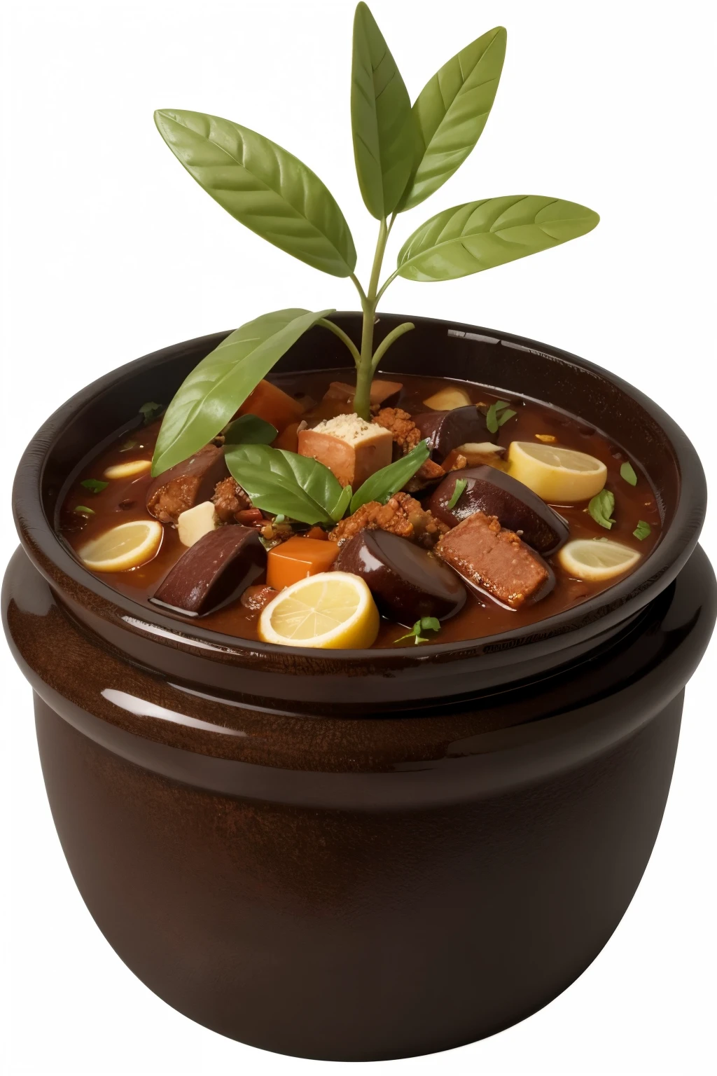 A clay pot with feijoada on a transparent background