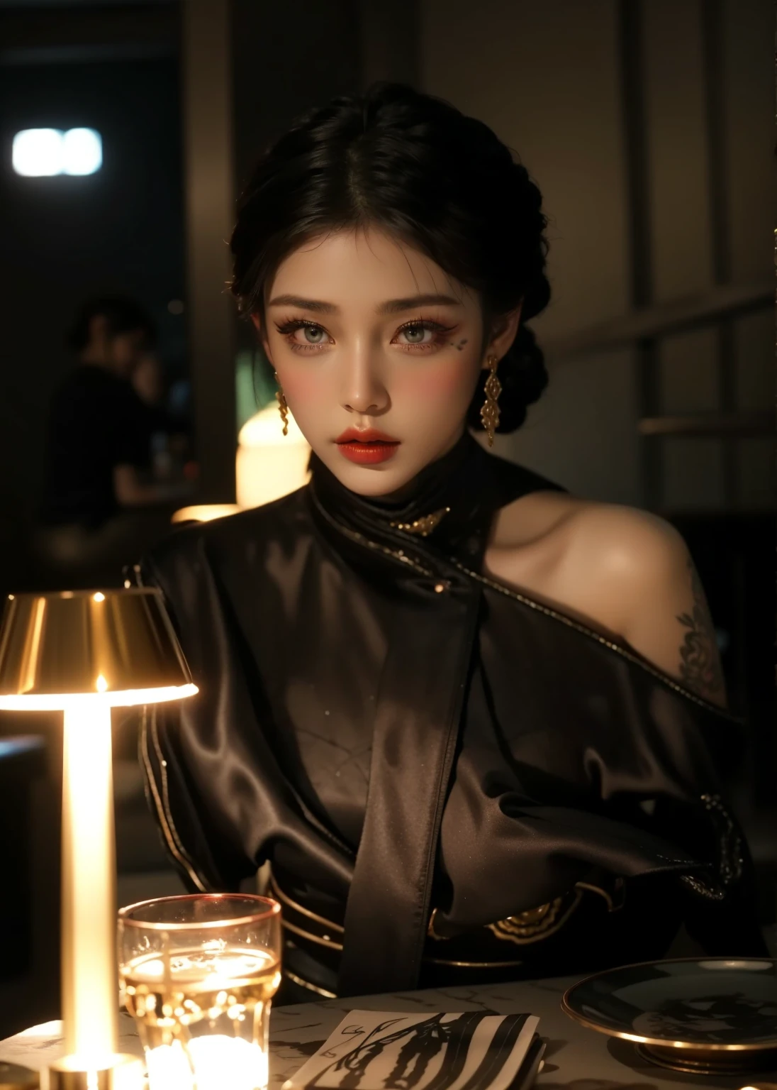 Royal princess，Extremely detailed, Delicate face, Stock Photography , Portrait 400, F1 Camera Lens.6, rich and colorful, Surrealism, Realistic textures, Dramatic Lighting, Thin Film Distiller 800 (8K, original photo, Better quality, masterpiece: 1.2), Extremely detailed, (Extremely delicate skin: 1.2), 8K ultra high definition, SLR camera, Soft Light, high quality.Fire Queen，Blue pupils，Wear red lipstick，Have a tattoo，The tattoo is very three-dimensional，Gorgeous and intricate tattoo designs，Dark eyeshadow，Sexy thick lips(Red lipstick)，