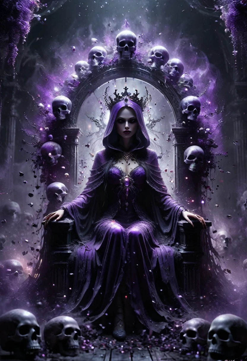 Digital art, concept art. the Queen of the Undead sits upon a Throne of skulls in a gloomy realm. Clad in purple dark armor with silver ornaments and draped in canvas hoods, she exudes both seduction and danger. Faded flowers surround her, contrasting with her chilling presence. A glowing magical circle pulsates at her feet, bending the elements to her will. Her eyes, twin orbs of ethereal radiance, convey a depth of darkness and power that warns of impending doom to all who dare oppose her. Bokeh blur. Colorful. BadDream, DEVIL SPAWN, ais-darkpartz, OverallDetail