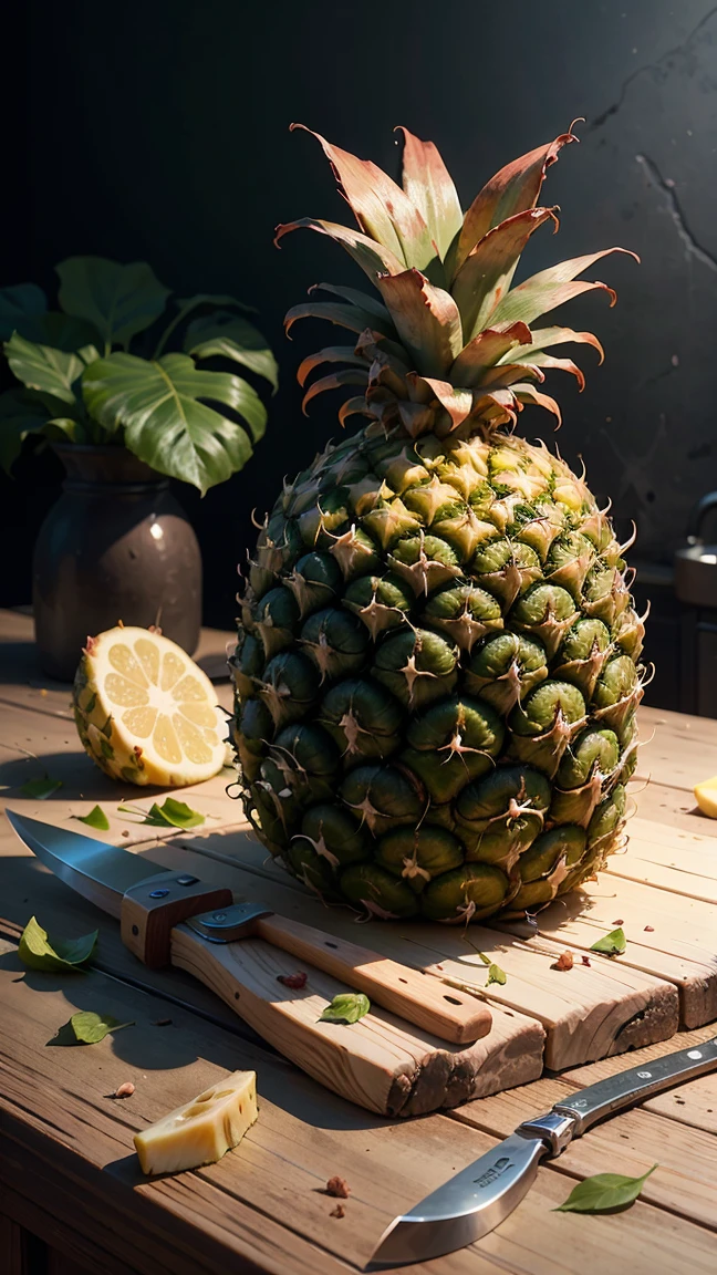 A whole pineapple with textured skin, green leaves, on kitchen counter, knife beside, ready to cut, hyperrealistic, 8k, ultra-detailed, vivid colors, studio lighting, physically-based rendering, professional photography